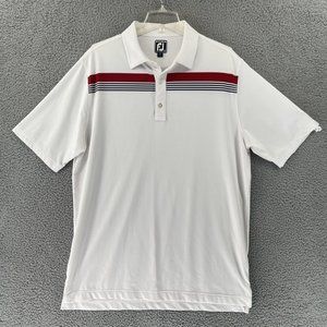 FJ Footjoy Mens XL White Striped Golf Casual Polo PCC‎ Logo